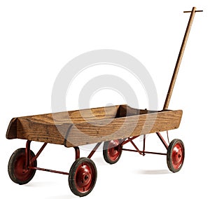 Old toy children's wooden wagon isolated on white