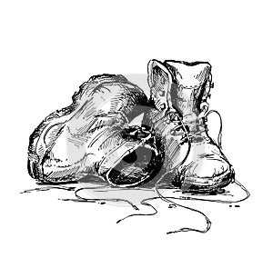 Old track shoes sketch, ink drawing