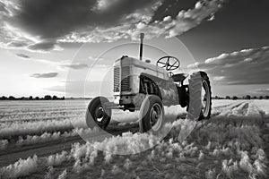 old tractor of the 30s, working in the field, black and white, sky with clouds in the background. wallpaper. Generative AI