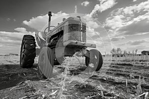 old tractor of the 30s, working in the field, black and white, sky with clouds in the background. wallpaper. Generative AI