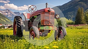Old tractor in the Alpine meadows, A very popular object for tourists. Generative AI