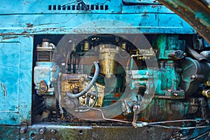 Old tractor automobile engine, background