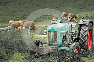 Old tractor on meadow. Beautiful mountain view in the Alps