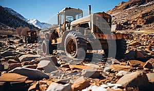 Old Tractor on Pile of Rocks