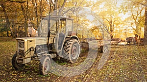 An old tractor standing in the countryside in autumn scenery.