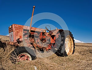 Old tractor standing on a meadow in the high grass