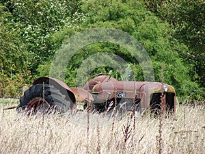 Old tractor in very long dry grass