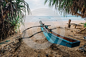 Old tradition Sri Lanka fishermen` boat on the sandy Indian ocean coast between the palm trees near the Weligama, Matara District