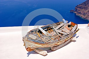 Old traditional boat on terrace, Santorini island