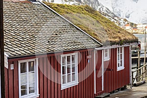 Old traditional fisherman`s house  called Rorbu at reine in Lofoten  islands. Norway.