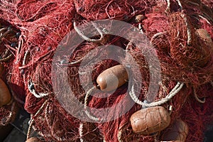 Old traditional fishing nets used on cutters in the fishery industry, selective focus