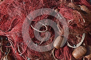 Old traditional fishing nets used on cutters in the fishery industry, selective focus