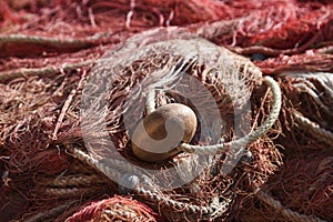 Old traditional fishing nets used on cutters in the fishery industry, selective focus