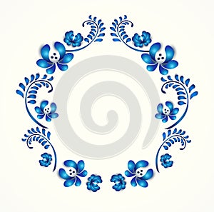 Old traditional gzel ornament. Decorative floral blue wreath.