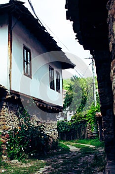 Old traditional house bulgarian house with wooden windows and stone wall in a small village, Lovech