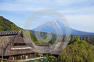 Old traditional Japanese Houses and Mount Fuji