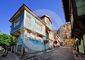 Old traditional ottoman house street with the Karahisar castle i