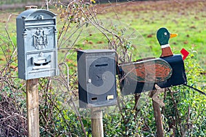 Old traditional post boxes on wooden poles at road in Monteriggioni village, Italy