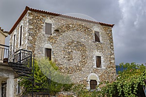 Old traditional stoned buildings and houses in Vorio village located near Kentro Avia and Pigadia Villages in Mani area, Taygetus