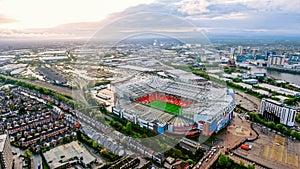 Old Trafford is a football stadium Greater Manchester England and the home of Manchester United. Aerial View of Iconic Football Gr