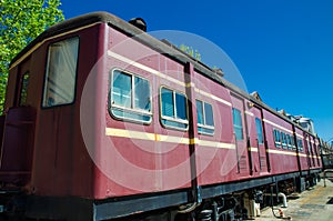 The old train carriage is displayed at Locomotive Workshop Australian Technology Park.