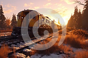 old train derailment site during golden hour