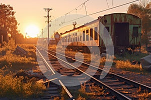 old train derailment site during golden hour