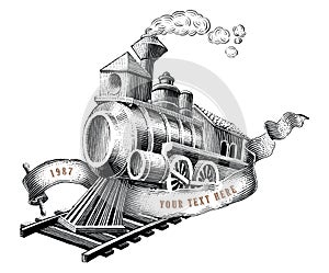 The old train logo design hand draw vintage engraving style black and white clipart isolated on white background