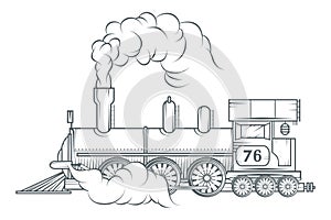 Old train logo. Locomotive drawing. Steam transport.