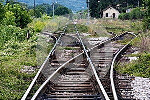 Old train rails in nature and grown in the grass