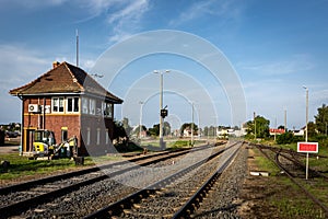 Old train station building and railways in Gryfice, Poland.