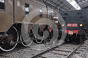 Old train station with Vintage black steam locomotive