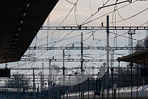 Old train station, rails wires, peron, concrete. Czech Republic