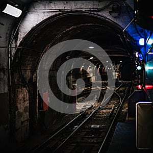 Old train tracks, railroad under a tunnel