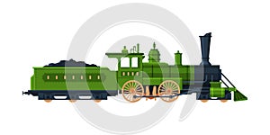 Old Train, Vintage Locomotive and Cargo Wagon Loadedwith Coal, Railroad Transportation Flat Vector Illustration on White