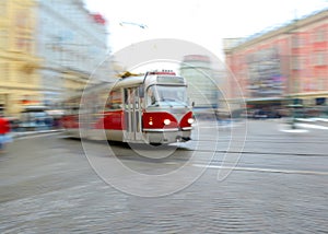 Old tram in motion blur in Prague