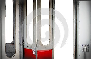 Old tram open doors interior isolated white background - visit city with public transport concept