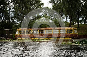 Old tram in the water in Chernobyl