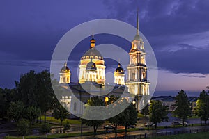 The old Transfiguration Cathedral, July night. Rybinsk, Russia