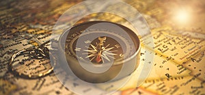 Old traveler compass on a vintage world map. Banner, exploration concept background photo