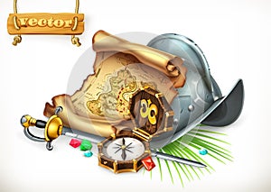 Old treasure map and conquistador helmet. Adventure vector illustration