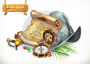 Old treasure map and conquistador helmet. Adventure vector illustration photo