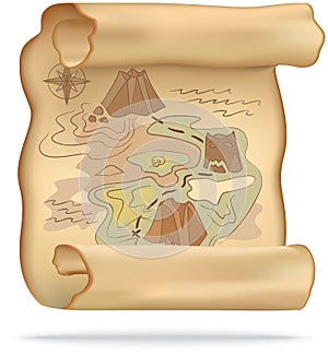 Old treasure map for pirate adventures. Island with old chest. Pirate map treasure, travel adventure