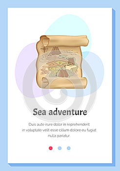 Old treasure map for pirate adventures. Island with old chest. Pirate map treasure, travel adventure