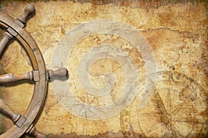 Old treasure map with steering wheel