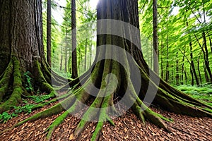 Old tree with big roots in green jungle forest.