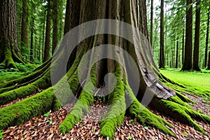 Old tree with big roots in green jungle forest.