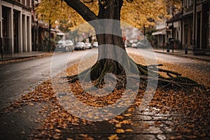 Old Tree With Broken Branches In Autumn On A Street With Some Water On The Ground