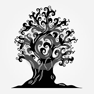 Old tree with crimped branches, a hollow, knotty roots. Tattoos, doodling style. Element for Halloween design, print on photo