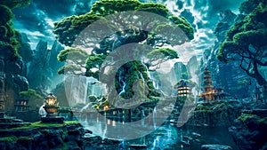 An Old Tree in the Forest of a Fantasyscape, in the Style of Orient-Inspired, Generative AI